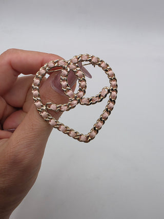 Chanel Gold-tone Silk Chain Woven CC Heart Oversized Brooch