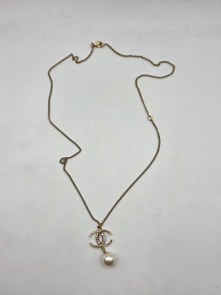 Chanel Gold-tone Faux Pearl  Strass CC Pendant Necklace