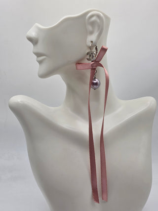 Chanel Silver-tone Faux Pearl Ribbon Bow CC Logo Drop Earrings