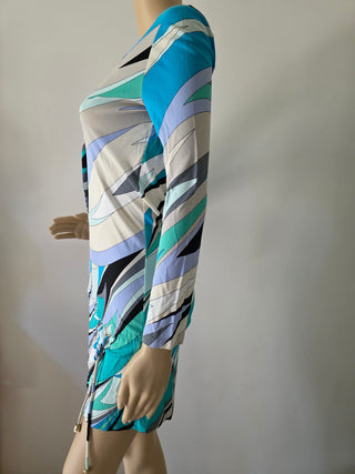 Emilio Pucci Blue Multicolor Signature Print V-Neck Blouse 6 sz