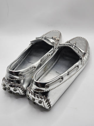 Louis Vuitton Metallic Silver Leather LV Monogram Loafers 38.5 EU