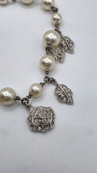 Chanel Faux Pearl Strass Interlocking CC Silver-tone Charm Necklace