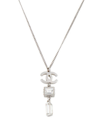 Chanel Silver-tone Interlocking CC Crystal Pendant Necklace
