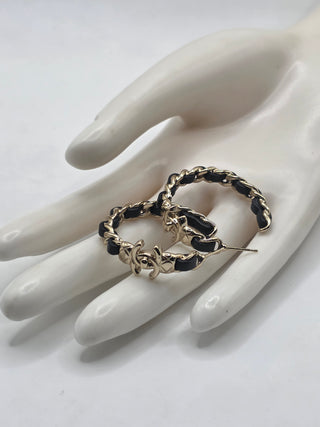 Chanel Gold-tone 2022 Leather Woven CC Turnlock Hoop Earrings