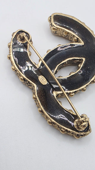 Chanel Gold-tone Resin Textured Interlocking CC Logo Brooch