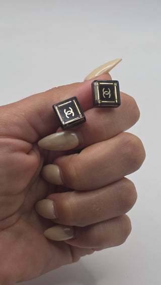 Chanel Gold-tone Black Resin Interlocking CC Stud Earrings