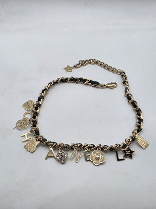 Chanel Gold-tone Faux Pearl, Strass Leather Interlocking Logo Collar Necklace