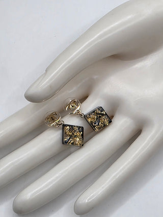 Chanel Gold-tone Black Glitter Resin Interlocking CC Drop Earrings