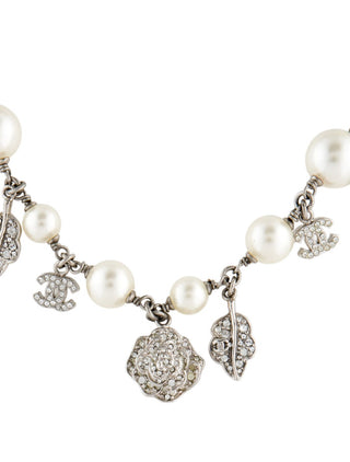 Chanel Faux Pearl Strass Interlocking CC Silver-tone Charm Necklace