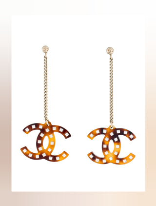 Chanel Gold-tone Brown Resin Strass CC Drop Earrings