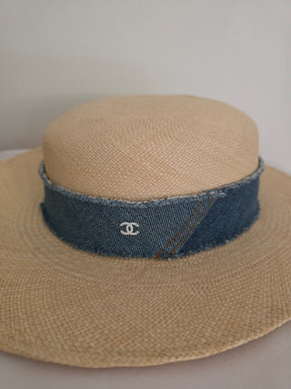 Chanel Beige Interlocking CC Denim Straw Hat S sz
