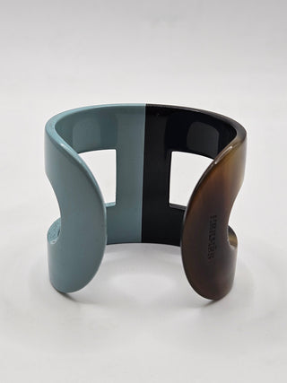 Hermès Blue Brown Horn Resin Ano Wide Cuff Bracelet