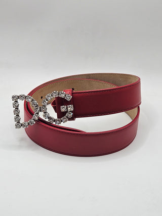 Dolce & Gabbana Red Leather Skinny Crystal D&G Logo Belt M sz