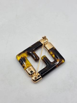Fendi Gold-tone Resin Tortoiseshells FF Zucca Logo Pin Brooch