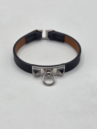 Hermes Black Swift Calfskin Leather Palladium Plated Mini Rivale Bracelet Size T2