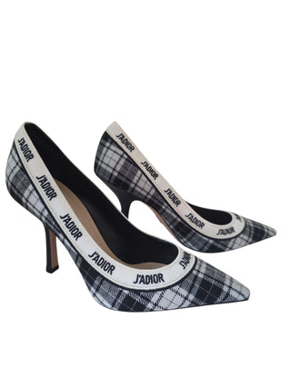 Christian Dior Black Plaid J'Adior Print  Embroidered Pumps 36.5 sz