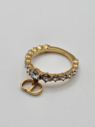 Authentic Christian Dior Gold-tone Crystal CD Charm Cocktail Ring Size: 6