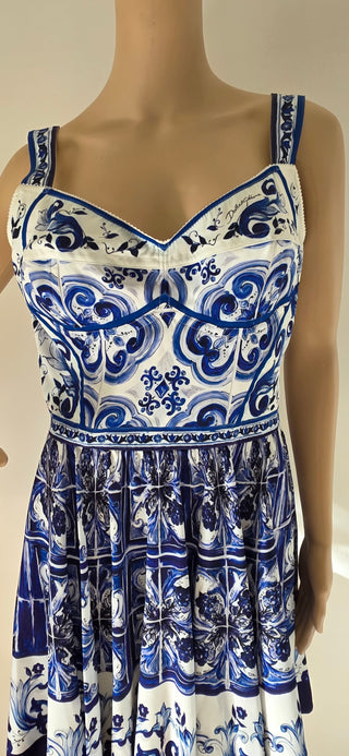 Dolce & Gabbana White Blue Printed Silk Mini Dress 44 sz NWT