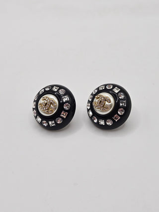 Chanel Black Resin Faux Pearl Crystal CC Stud Earrings