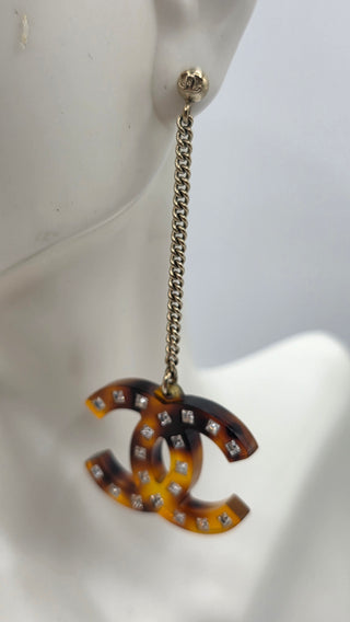 Chanel Gold-tone Brown Resin Strass CC Drop Earrings
