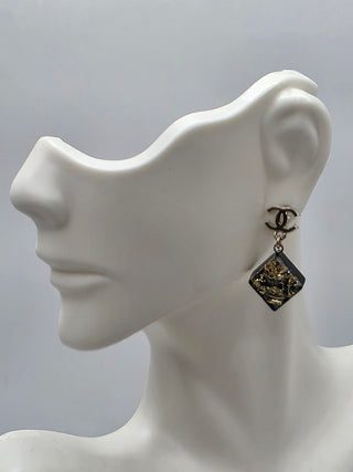 Chanel Gold-tone Black Glitter Resin Interlocking CC Drop Earrings