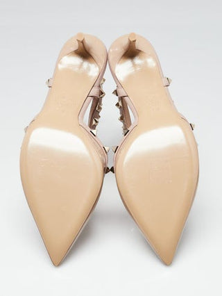 Valentino Beige Patent Leather Rockstud T-Strap Kitten Heels 38.5 sz