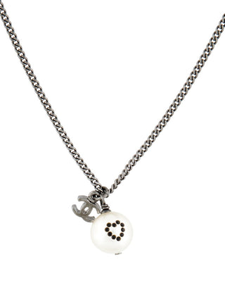 Chanel Silver-tone Faux Pearl Strass Interlocking CC Pendant Necklace