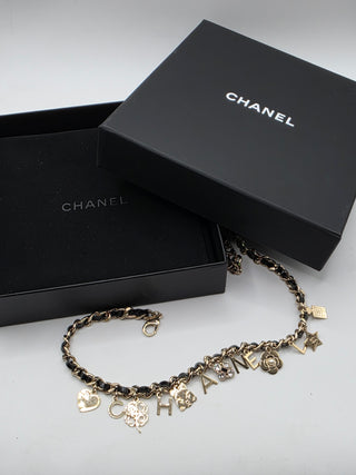 Chanel Gold-tone Faux Pearl, Strass Leather Interlocking Logo Collar Necklace