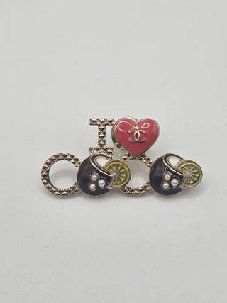 Chanel Gold-tone Faux Pearl Enamel I Love Coco Logo Pin