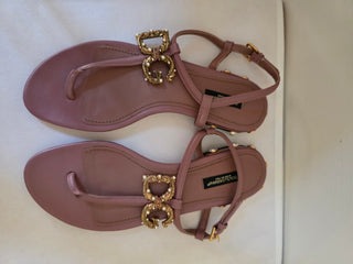 Dolce & Gabbana beige leather pearl logo embellished thong sandals 37 sz