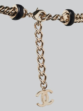 Chanel Gold Metal Black Leather Interlocking CC Logo Chain Link Choker Necklace
