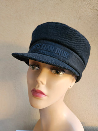 Christian Dior Black Corduroy Logo Printed Newsboy Hat S sz