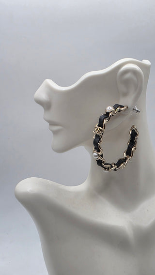 Chanel 2019 Faux Pearl Leather Interlocking CC Hoop Earrings