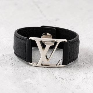 Louis Vuitton Silver-tone LV Logo Black Leather Hockenheim Bracelet