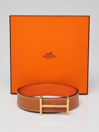 Hermès 32mm Gold Orange Leather Gold Plated Idem Belt Size 80
