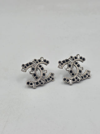 Chanel Silver-tone Strass Interlocking CC Stud Earrings