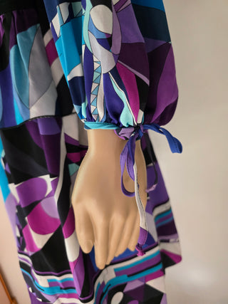 Emilio Pucci Blue purple multicolor signature print long-sleeved dress 6 sz