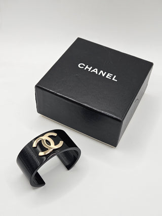 Chanel Black Resin Gold-tone Interlocking CC Wide Cuff Bracelet