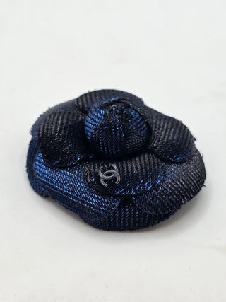 Chanel Metallic Black Blue Camellia CC Logo Fabric Brooch