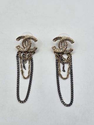 Chanel Gold-tone Strass Interlocking CC Chain Drop Earrings
