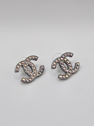 Chanel Iridescent Strass Interlocking CC Stud Earrings