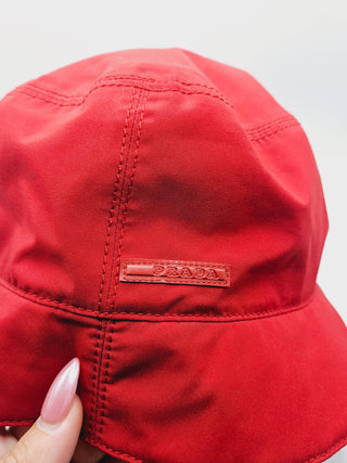 Prada Red Nylon Logo Printed Bucket Hat M sz