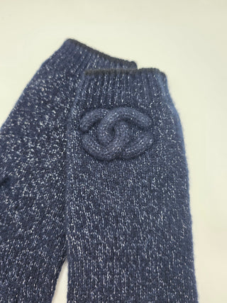 Chanel Dark Blue Metallic Cashmere Silk Knit CC Gloves