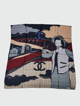 Chanel Blue Multicolor Silk Interlocking CC Printed Square Scard