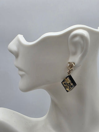 Chanel Gold-tone Black Glitter Resin Interlocking CC Drop Earrings