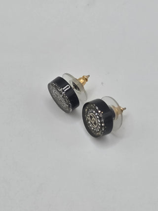 Chanel Black Gold-tone Strass Resin CC Stud Earrings