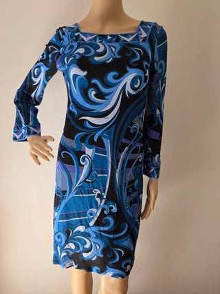 Emilio Pucci Blue Multicolor Signature Print Dress 6 sz