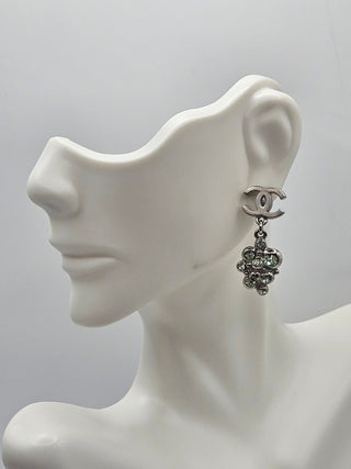 Chanel Silver-tone Camellia Strass CC Logo Drop Earrings