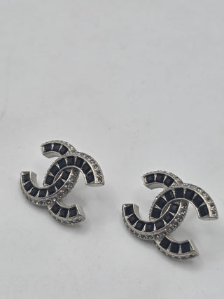Chanel Silver-tone Interlocking CC Strass Stud Earrings