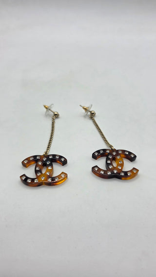 Chanel Gold-tone Brown Resin Strass CC Drop Earrings